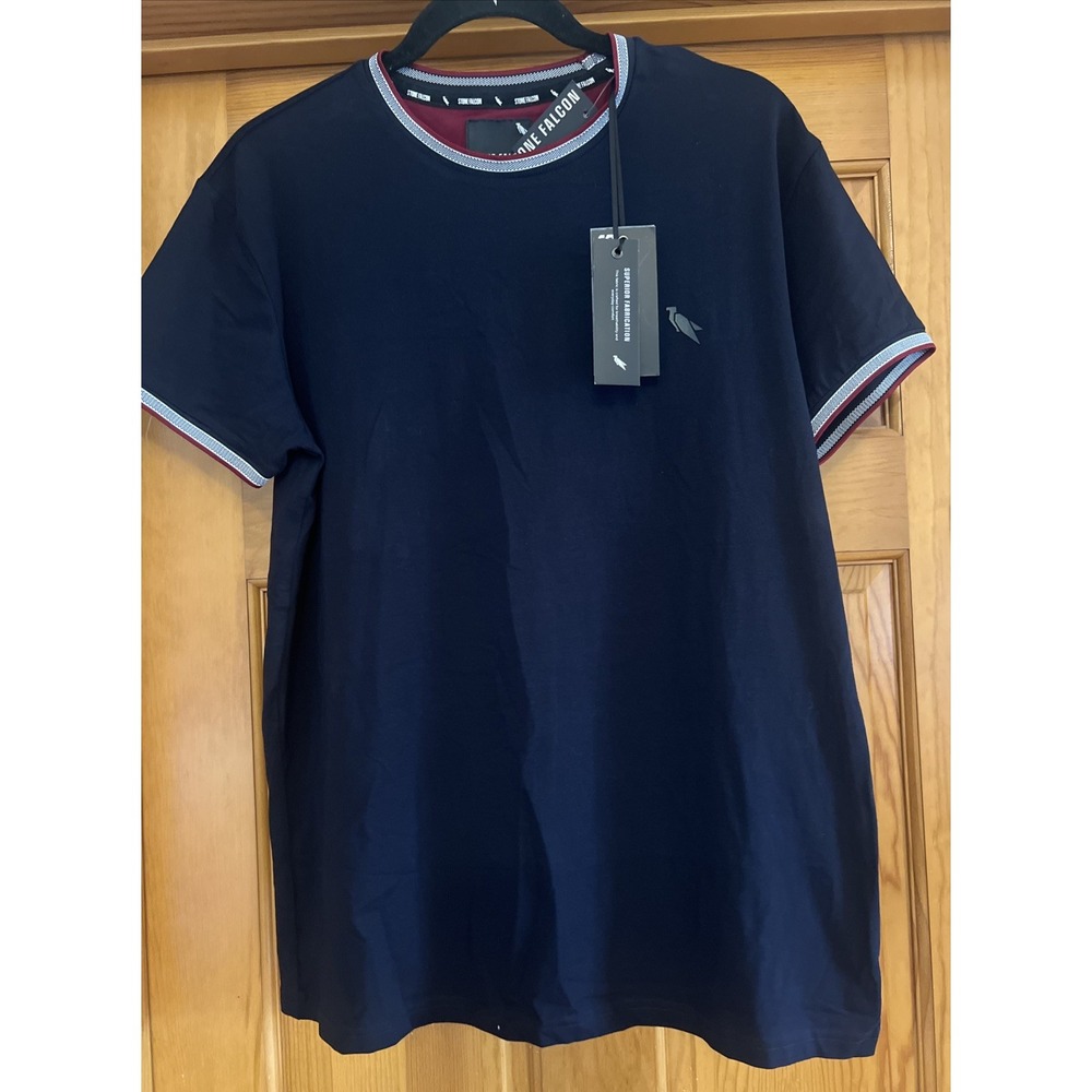 Stone Falcon Men's Black Logo Crew Neck Short Sleeve T-Shirt Blue Sz Large